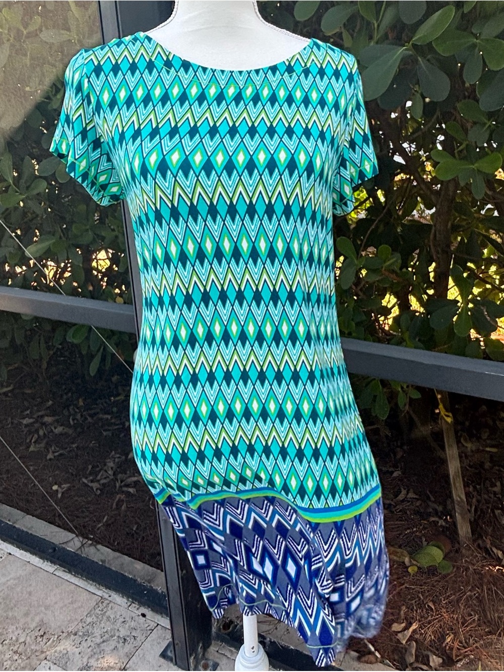 💚Hatley NWT Diamond Print Tee Dress Medium Green Blue Geometric Summer💙